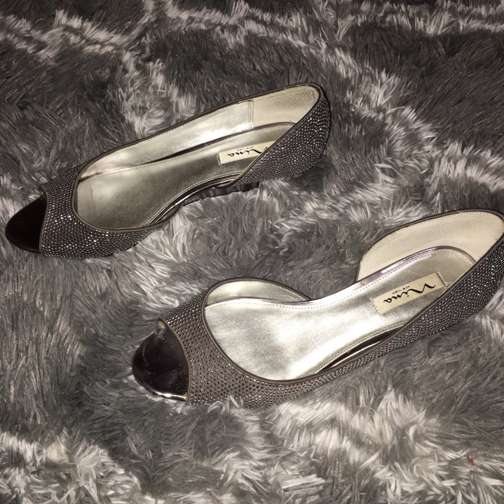 Silver open toe heel